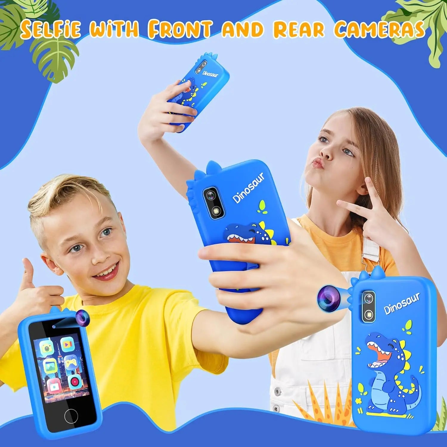 Kids Phone with Camera for Boys with Touchscreen, 32G Card Birthday Gifts for Kids Dual Camera, Music Player (Blue Dinosaur) - silverfoxgoods